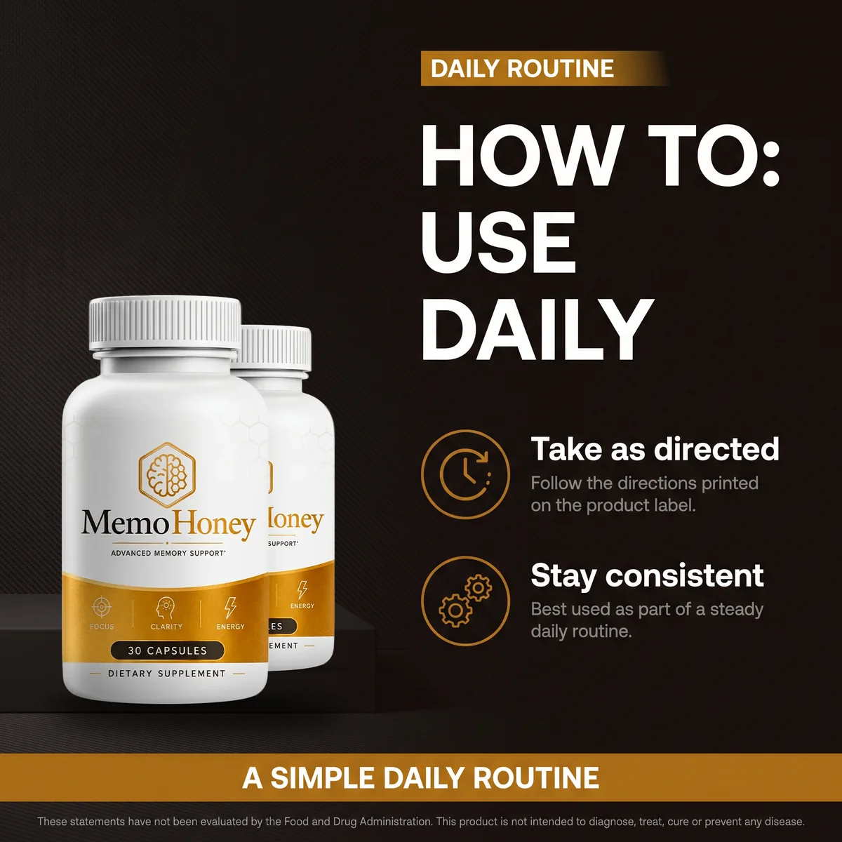 MemoHoney listing panel: how to use daily, take as directed, stay consistent