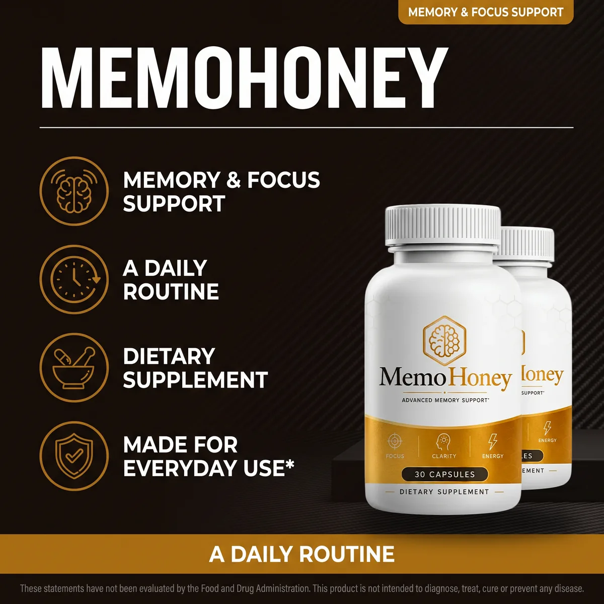 MemoHoney listing panel: memory and focus support, a daily routine, made for everyday use