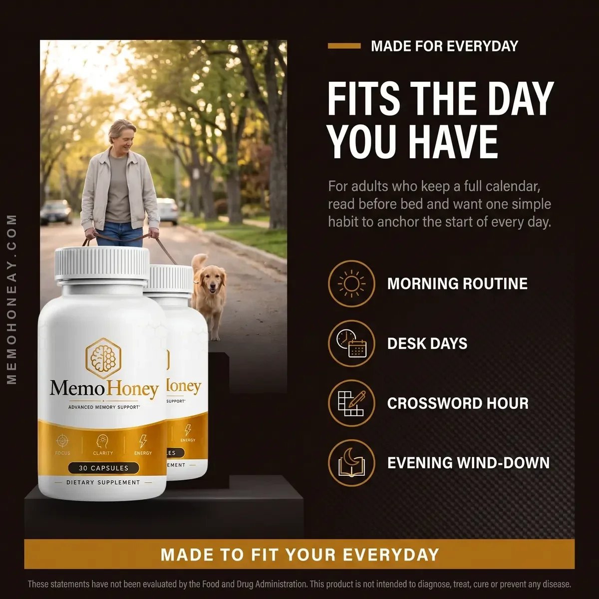 MemoHoney listing panel: made for everyday use, morning routine, desk days, evening wind-down