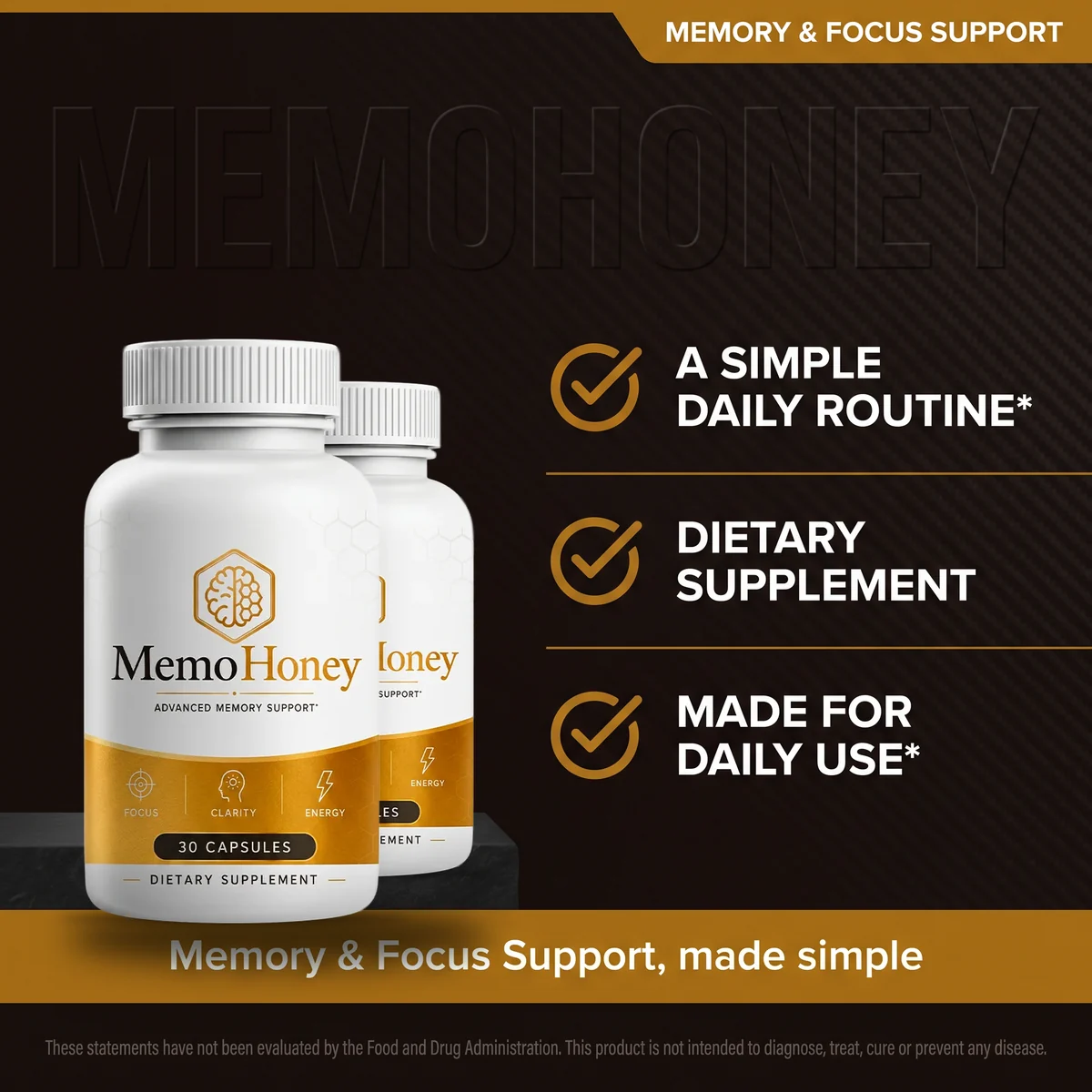MemoHoney listing panel: a simple daily routine, dietary supplement, made for daily use