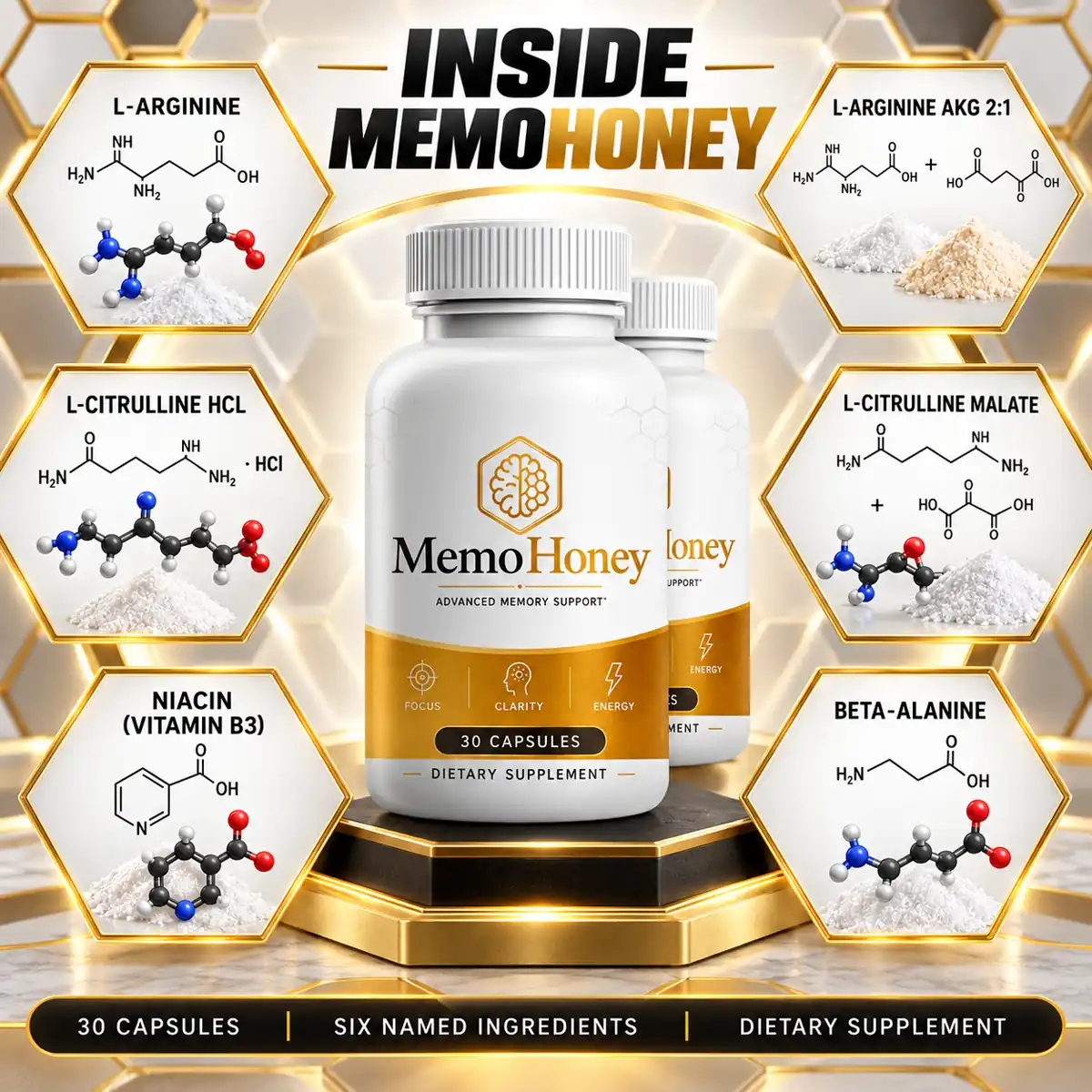 The INSIDE MEMOHONEY tile graphic naming six ingredients around the bottle